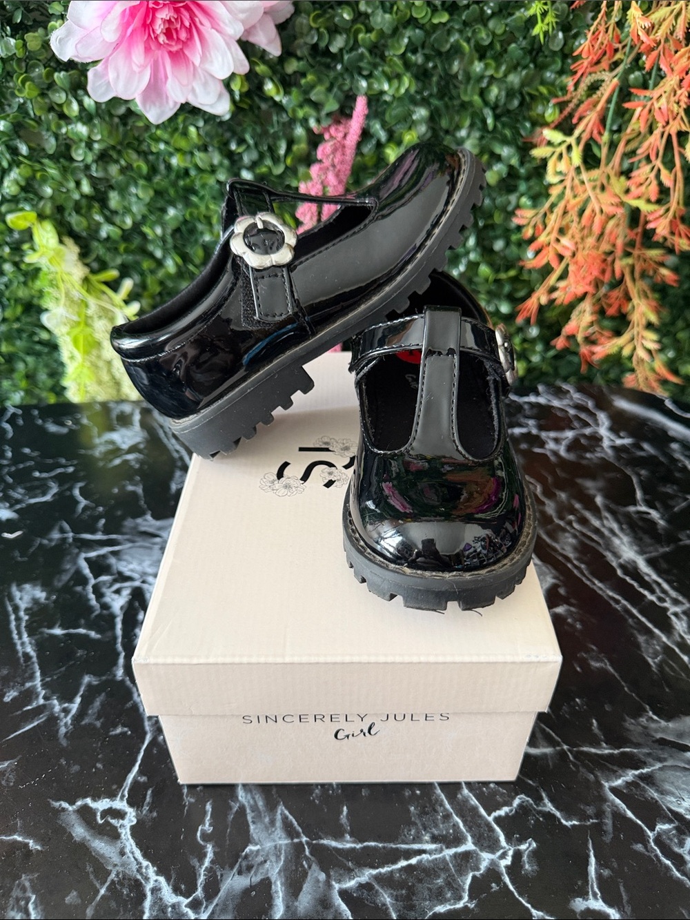 Sincerly Jules Black Patent Mary Jane Shoes with Lug Sole
